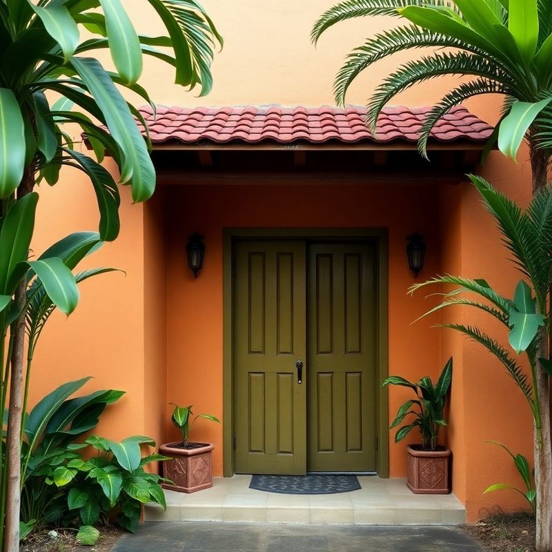 Fachada del estudio en Avenida 4 Cartago con puerta de madera en verde olivo y plantas tropicales