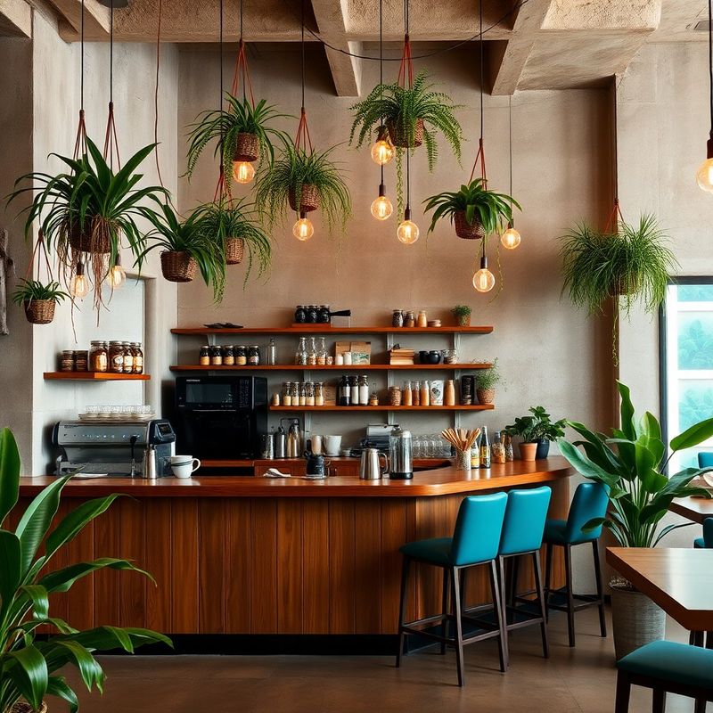 Interior de cafetería con barra de madera pochote, muros de hormigón y plantas colgantes