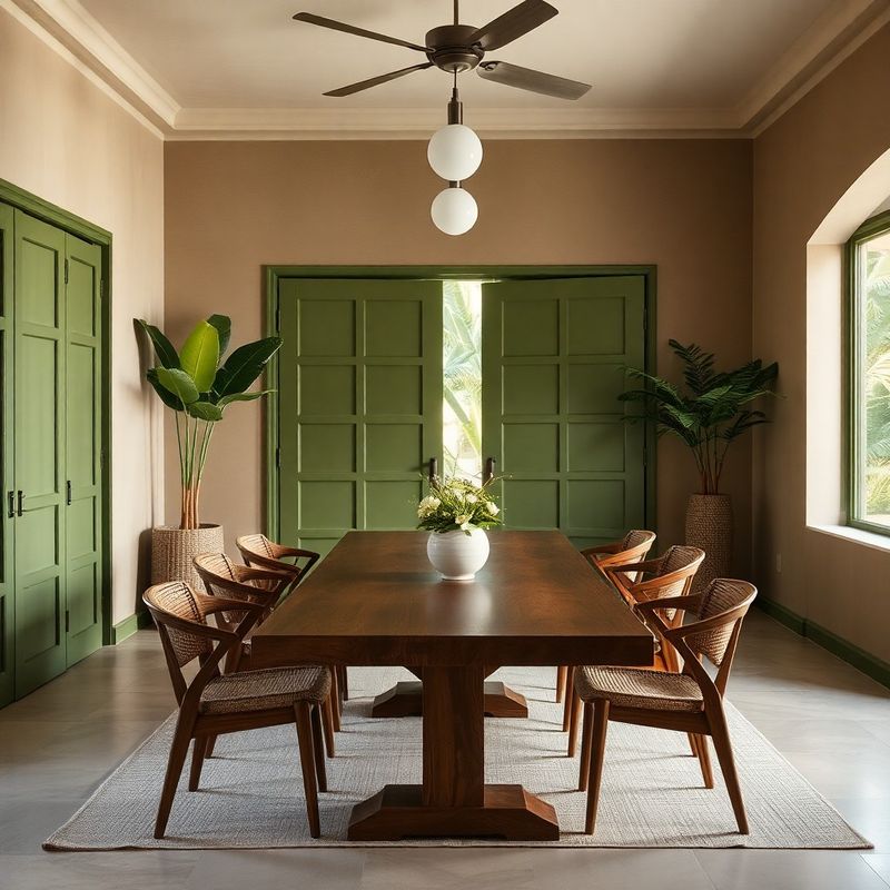 Comedor con mobiliario de teca a medida y puertas en verde olivo lacado