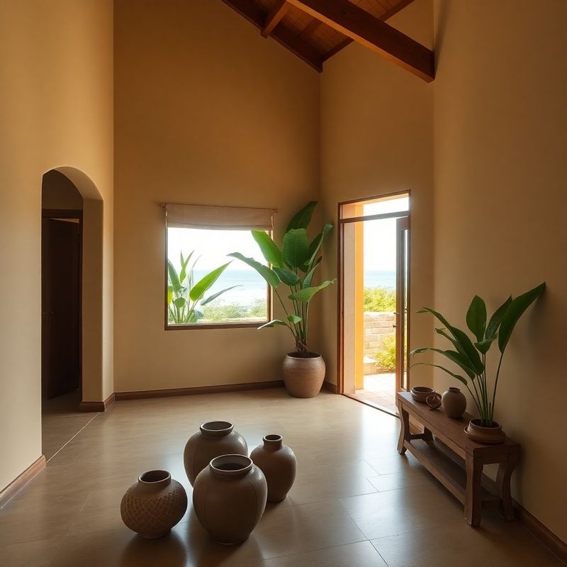 Interior residencial costarricense completado con muros arena y carpintería en verde olivo