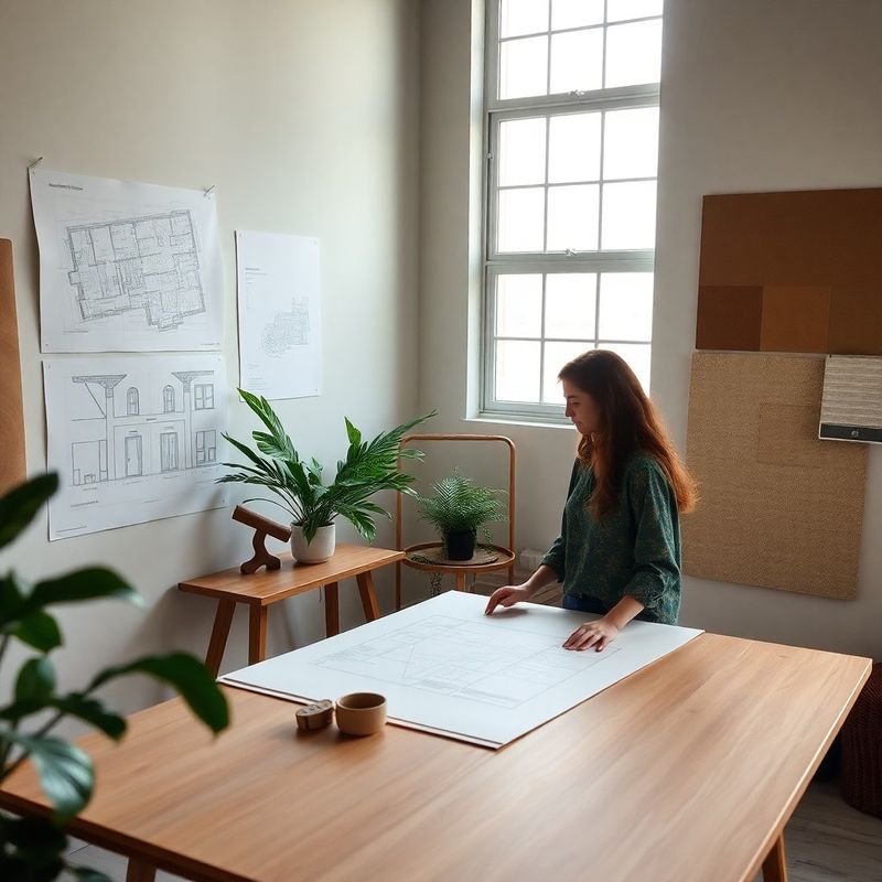 Diseñadora trabajando en mesa de dibujo con muestras de materiales en tonos arena y olivo